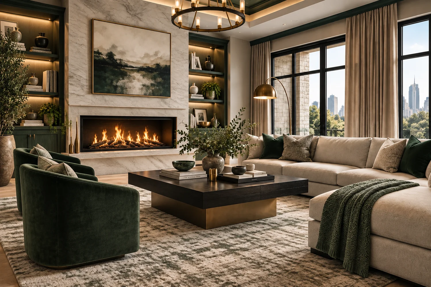 Luxury living room with fireplace, tailored furnishings, and warm layered finishes