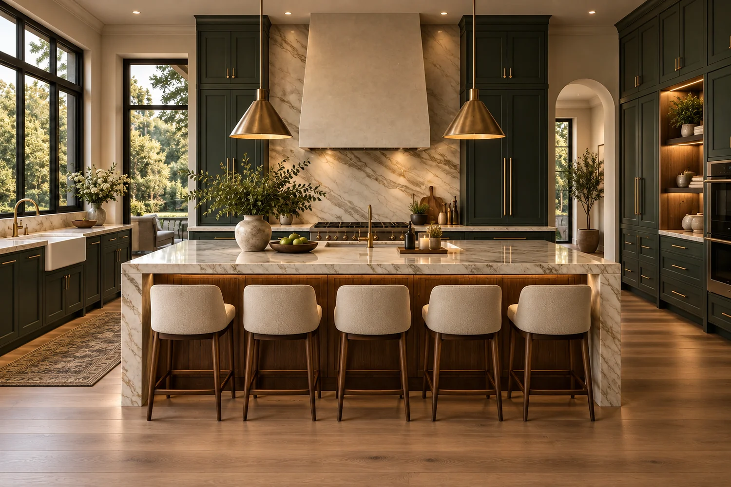 Refined green and ivory kitchen with substantial stone surfaces and warm metal accents