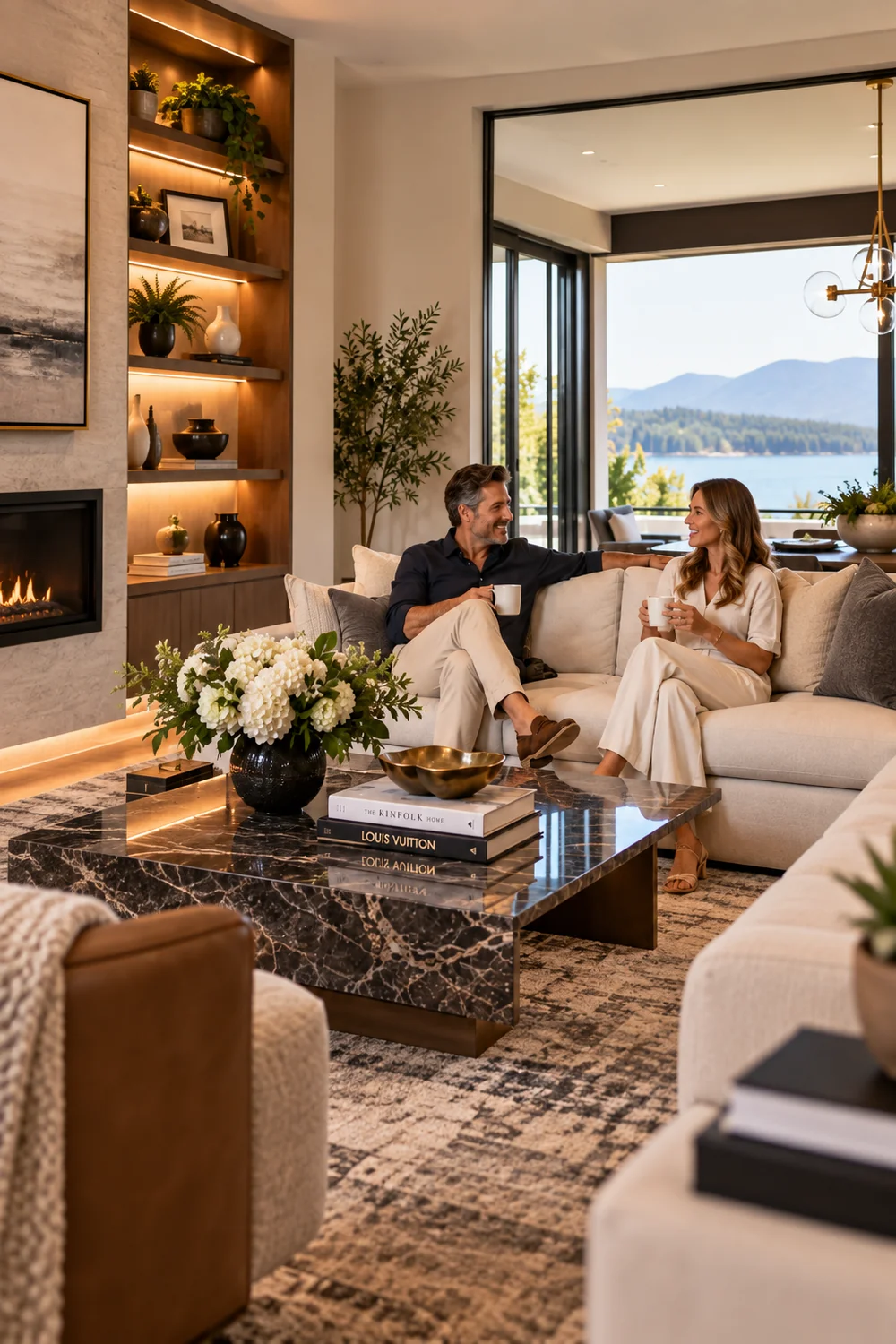 Clients enjoying a warm, polished living room designed for comfortable everyday living
