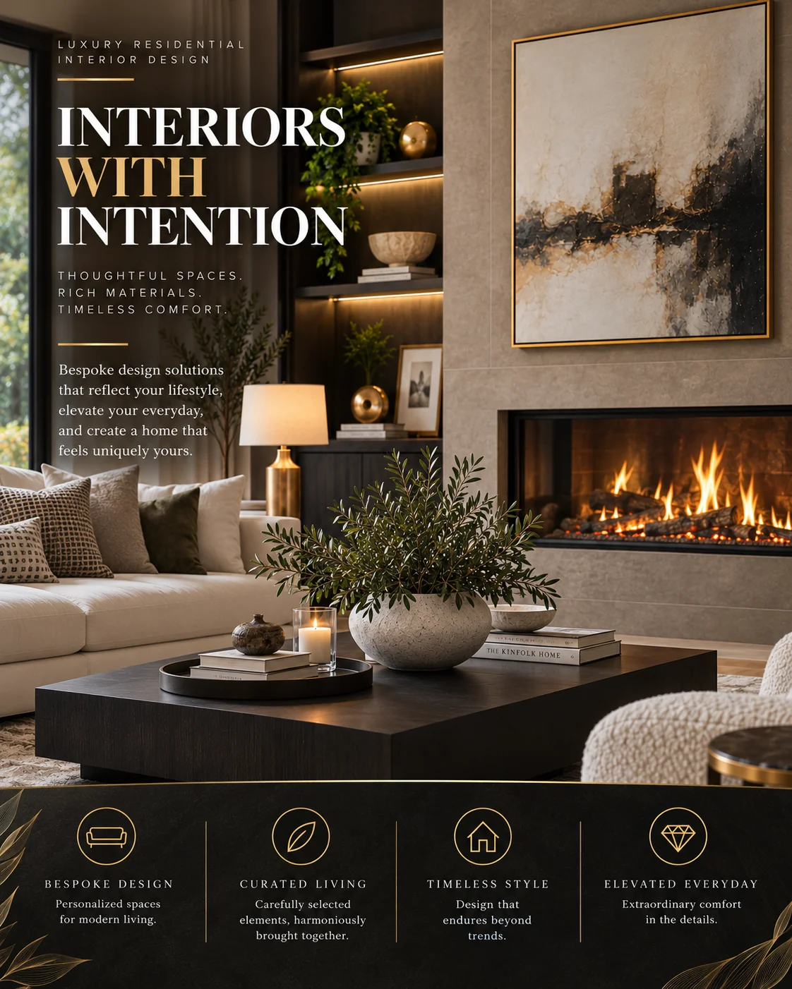 Luxury living room presentation emphasizing interiors with intention, bespoke design, curated living, timeless style, and elevated everyday comfort