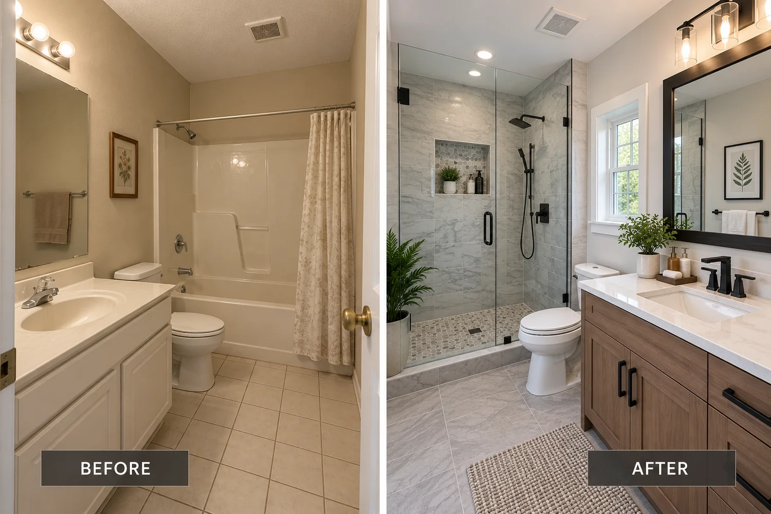 Bathroom vanity and storage solution with coordinated cabinetry, countertop, mirror, and lighting