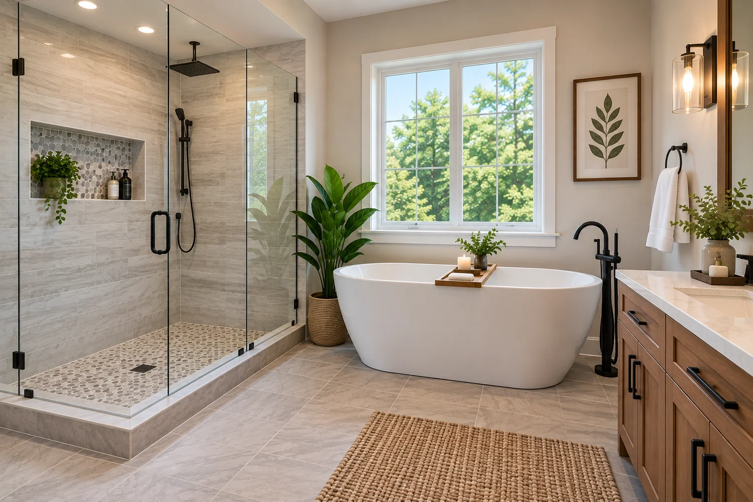 Bathroom tile and surface combination showing coordinated floor, wall, and vanity materials