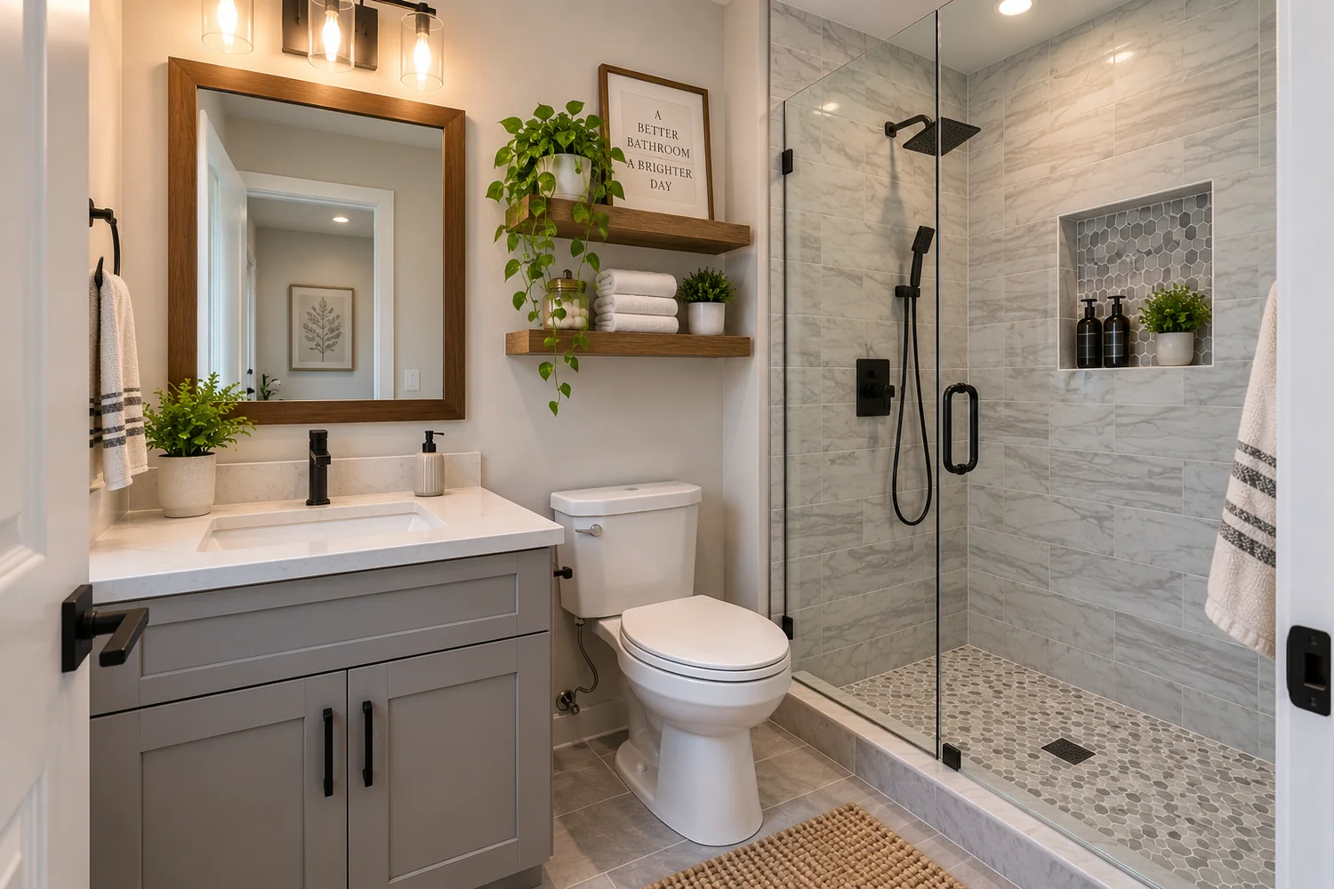 Bathroom fixture and hardware selections coordinated for function and finish compatibility