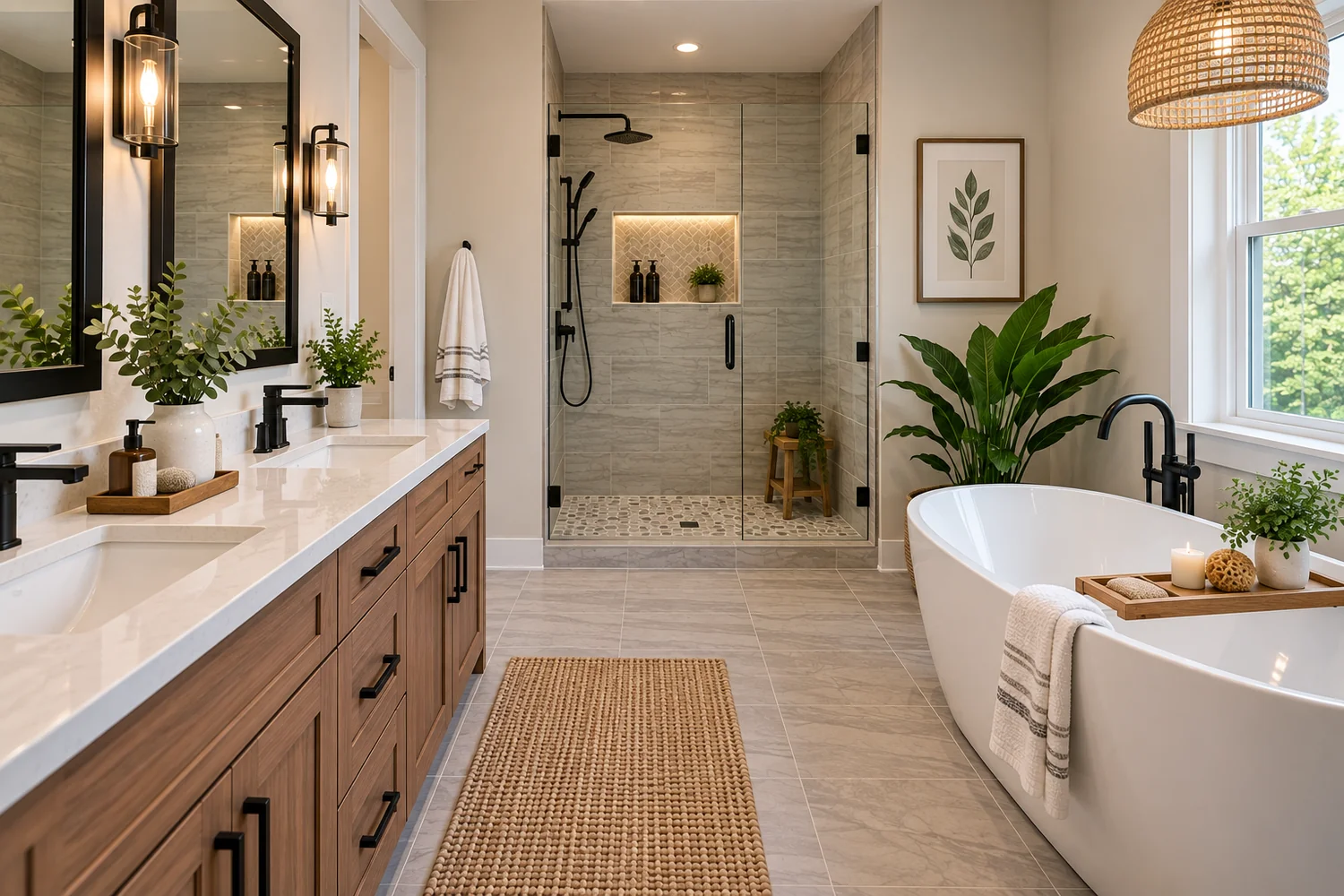 Completed bathroom remodeling project with coordinated tile, vanity, fixtures, and lighting
