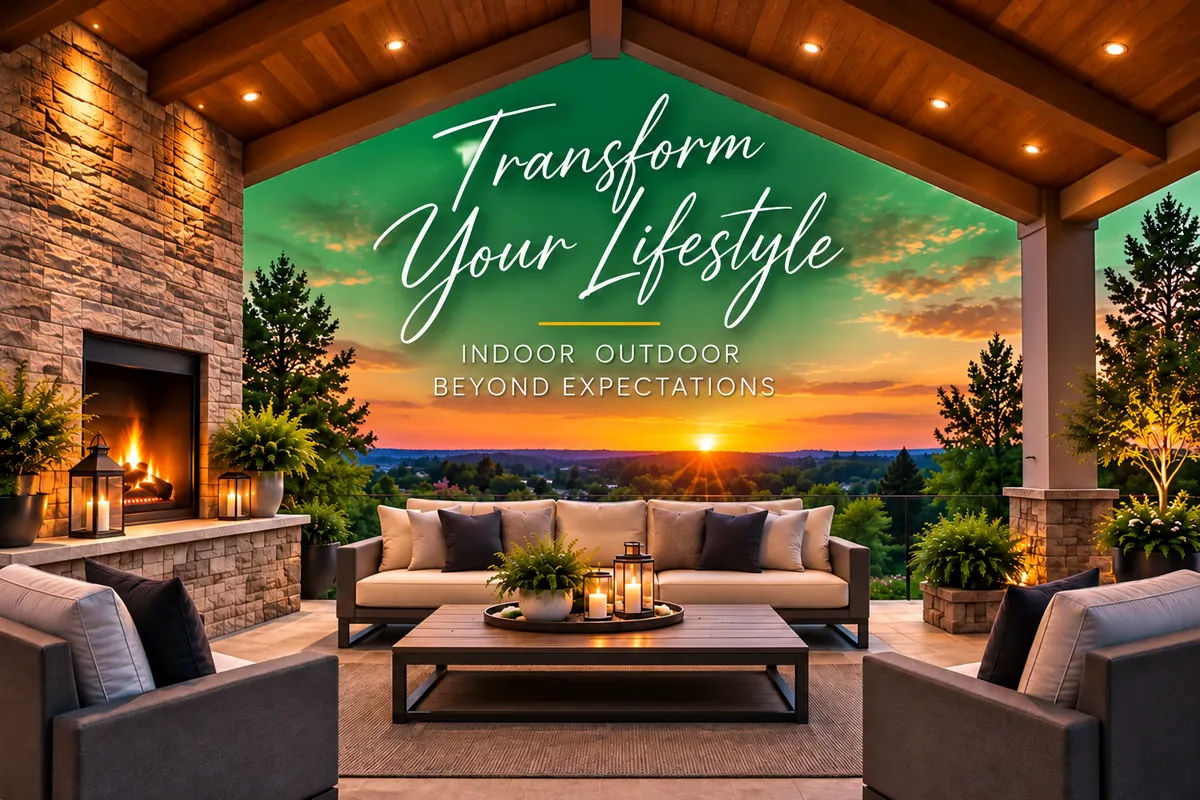 Luxury covered outdoor living space with fireplace at sunset