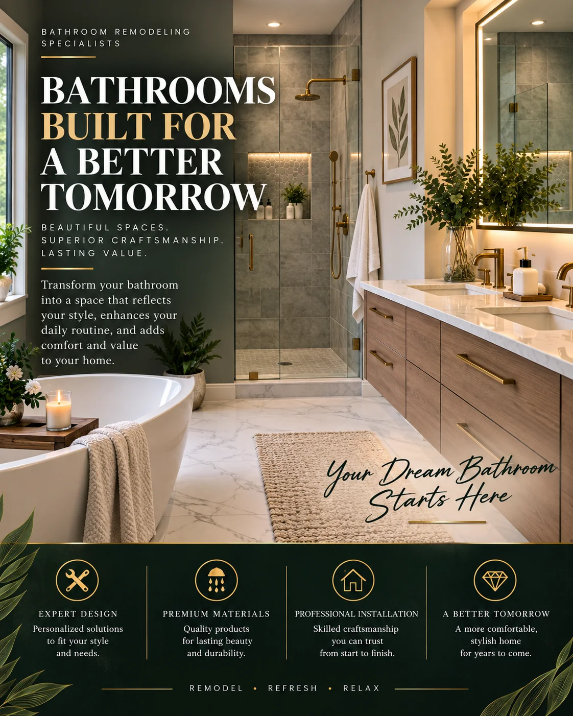 Bathroom remodeling presentation showing coordinated surfaces, fixtures, lighting, and storage