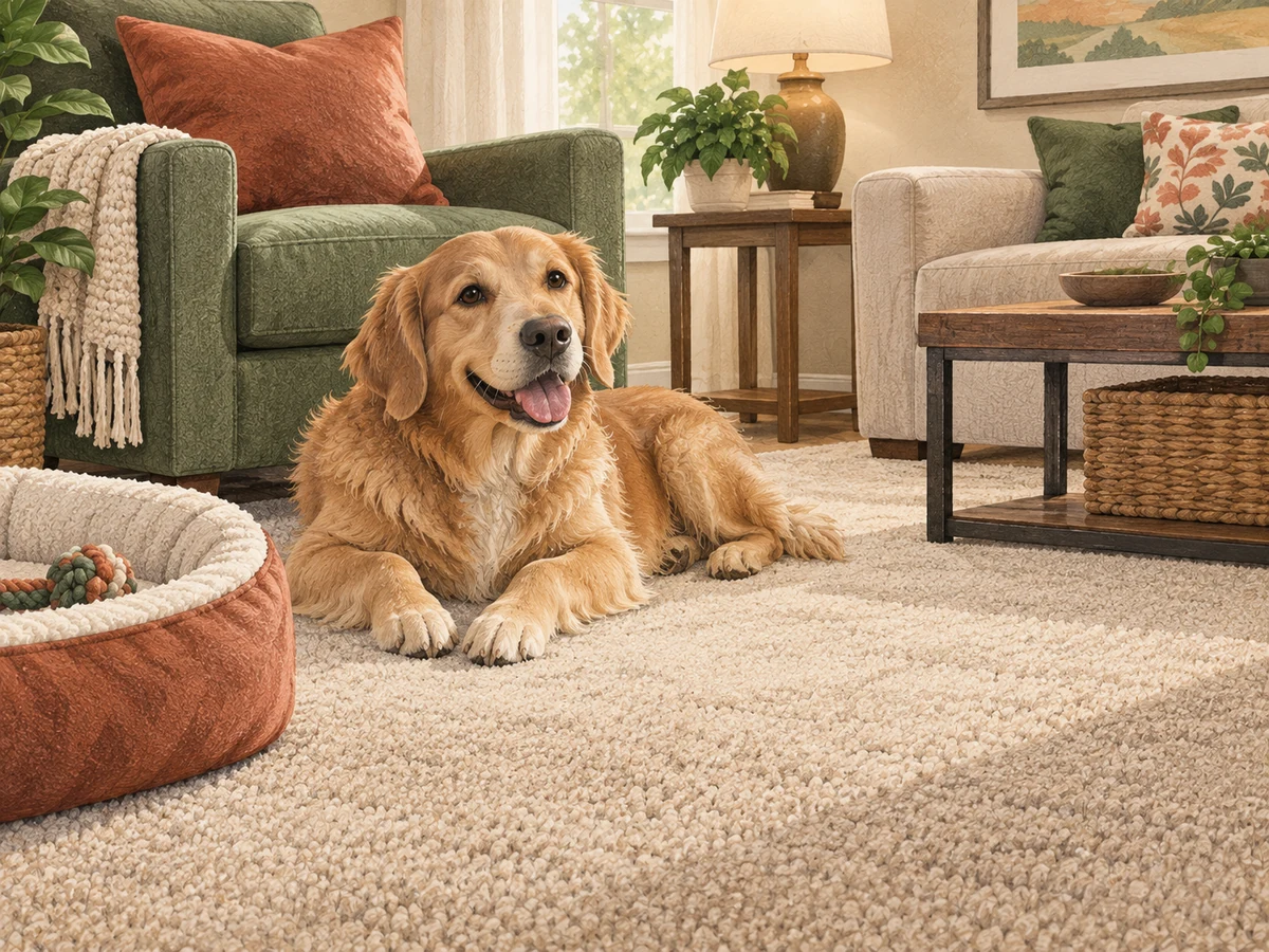 Dog resting in a clean carpeted family room