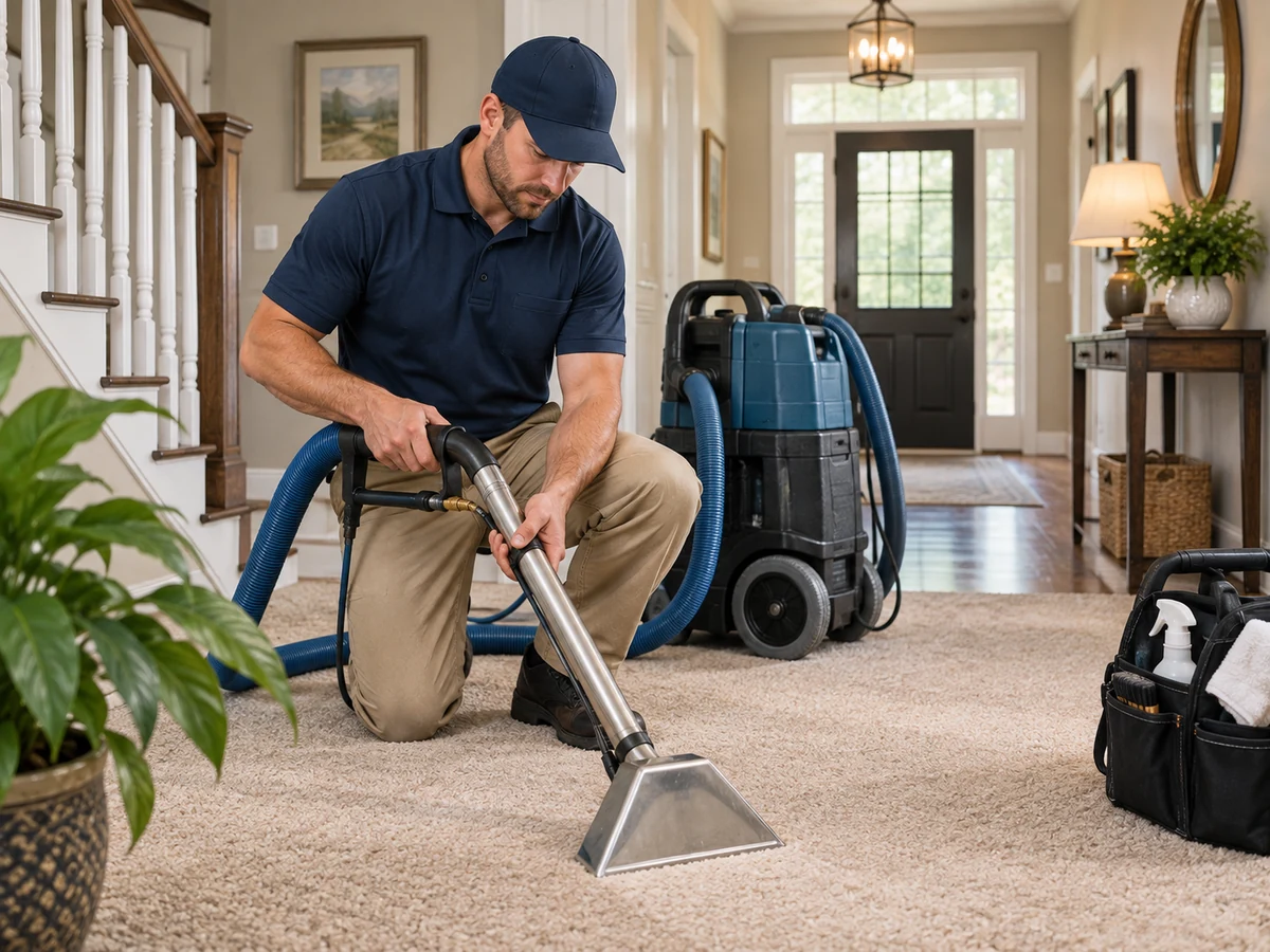 Carpet-cleaning professional preparing equipment in a home