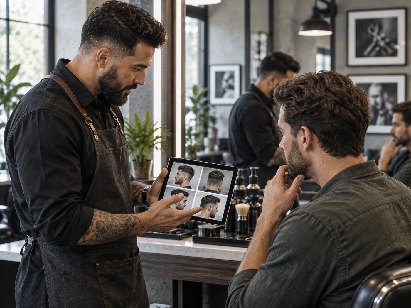 Barber and adult client discussing grooming preferences before a service