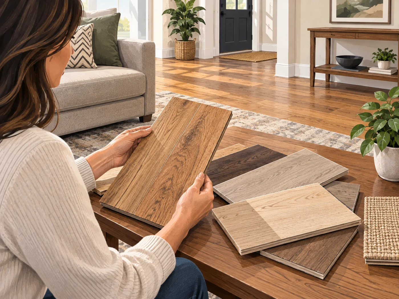 Illustrated homeowner comparing flooring samples in a residential room