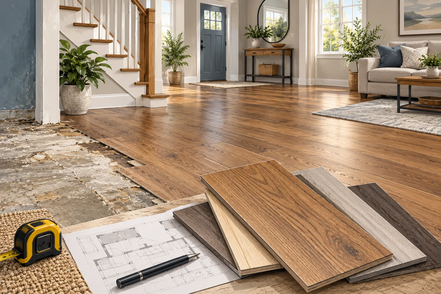 Stylized residential flooring improvement concept with materials and planning details