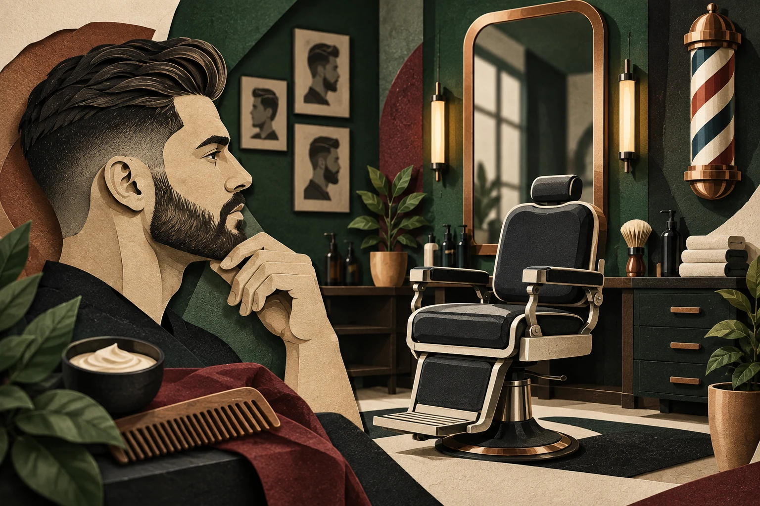 Layered editorial illustration of a barber consultation environment