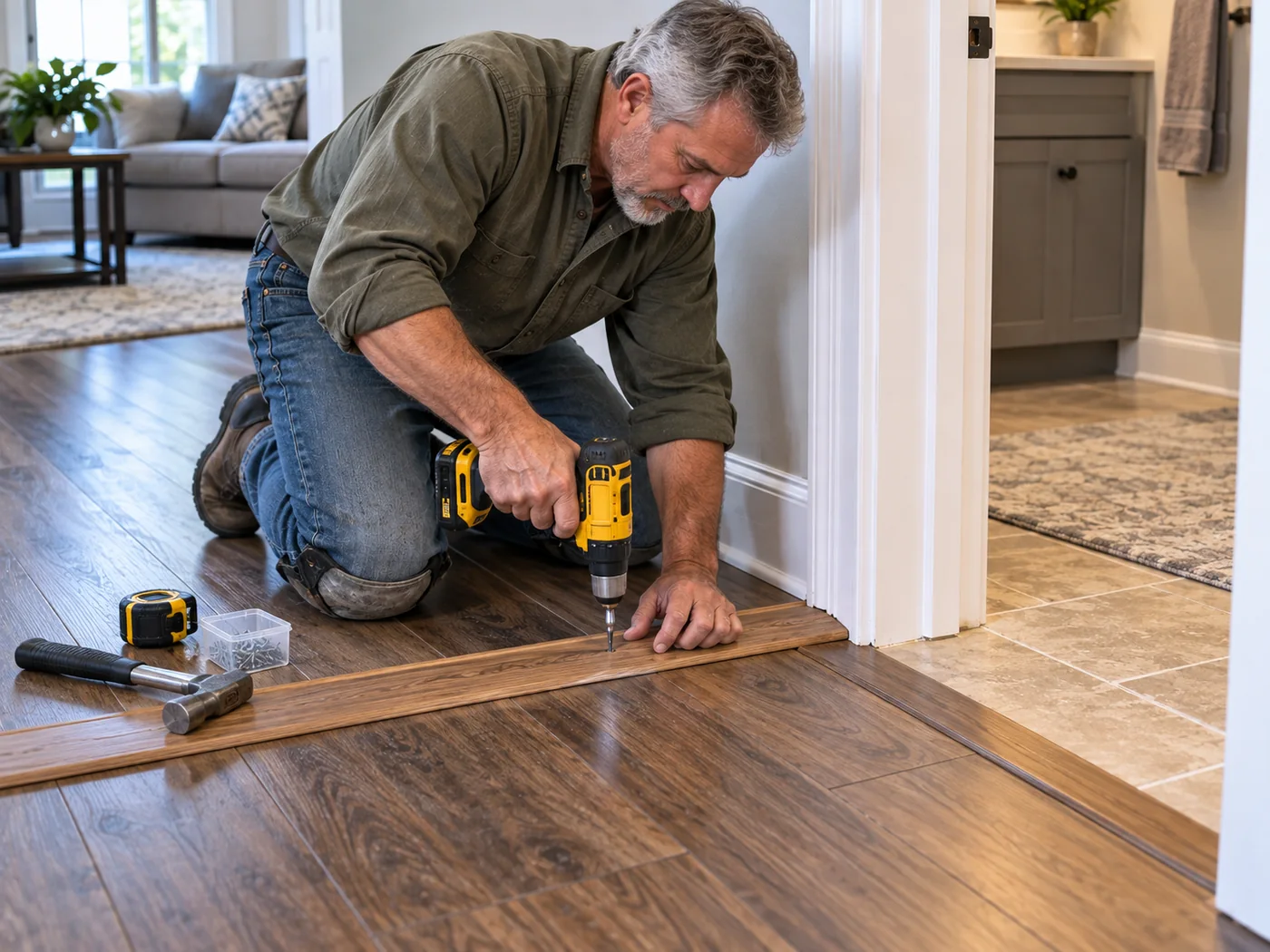 Straight Line Flooring residential threshold detail by Giancarlo Hunt