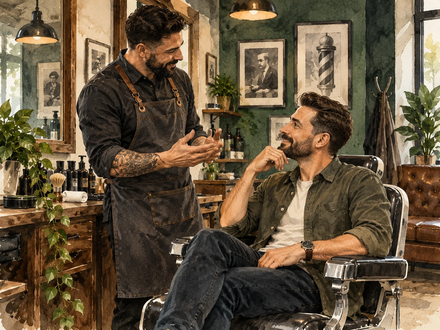 Watercolor illustration of a barber and client having a friendly conversation