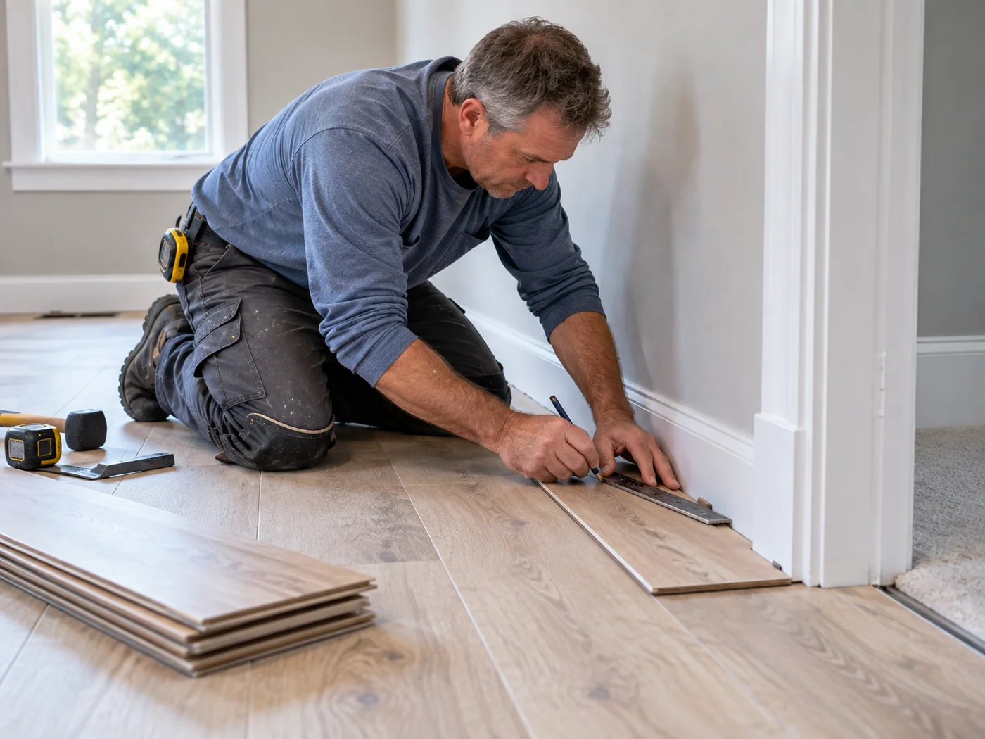 Flooring installer fitting a plank carefully along a residential wall