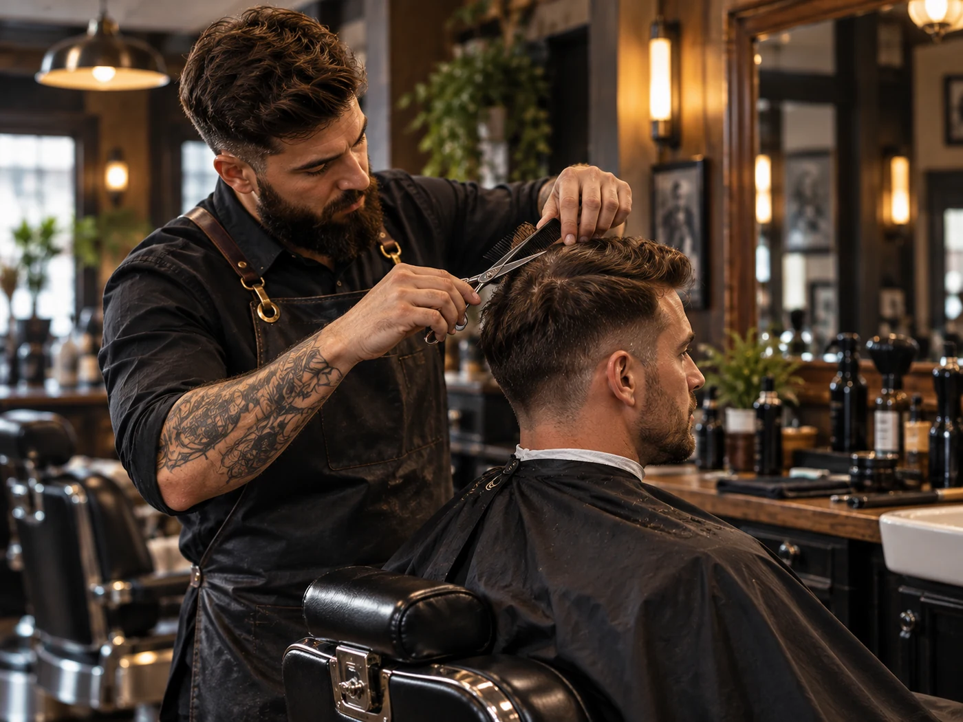 Barber performing a precise scissor haircut on an adult client