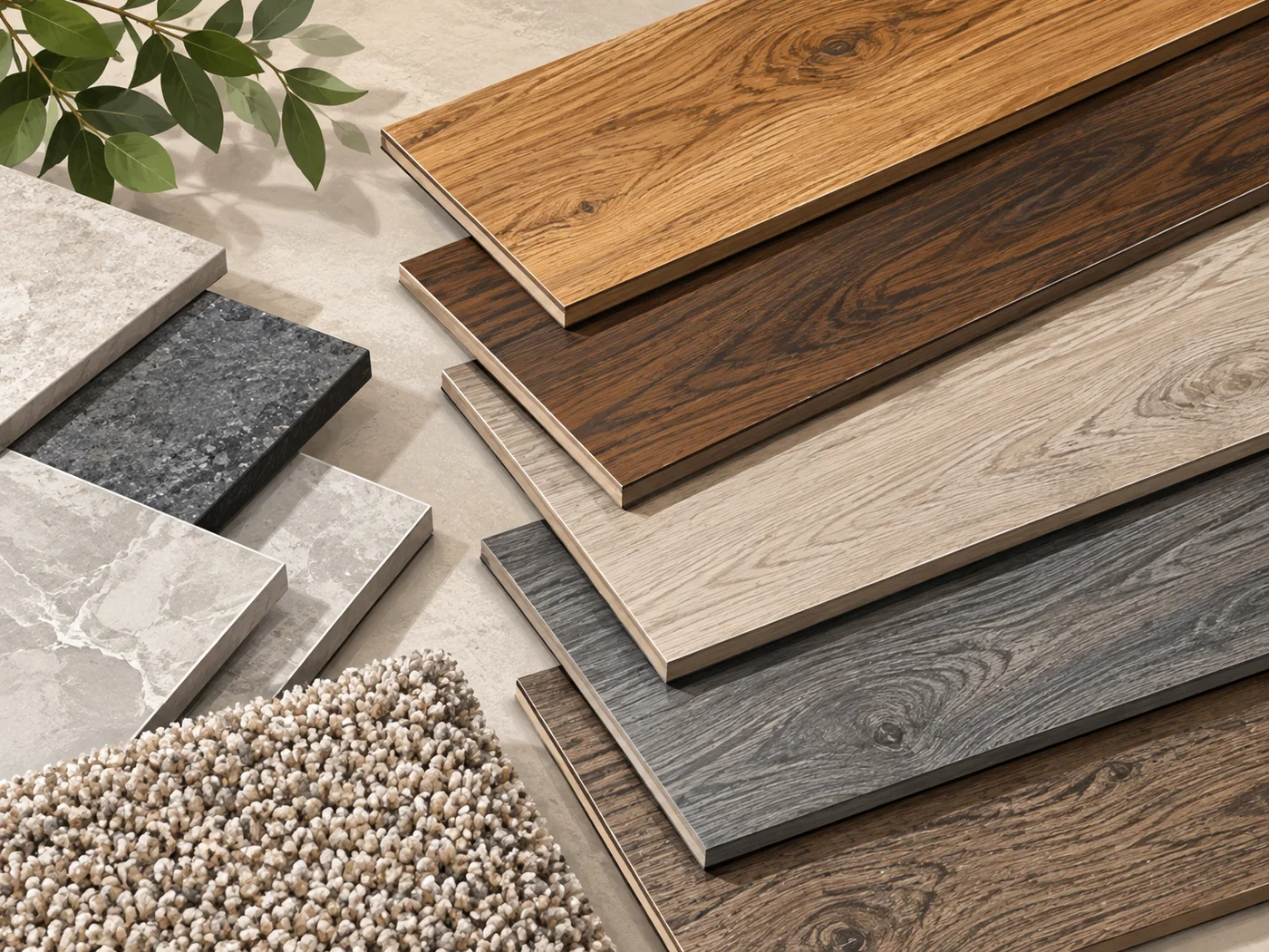 Organized flooring material samples showing several residential surface options