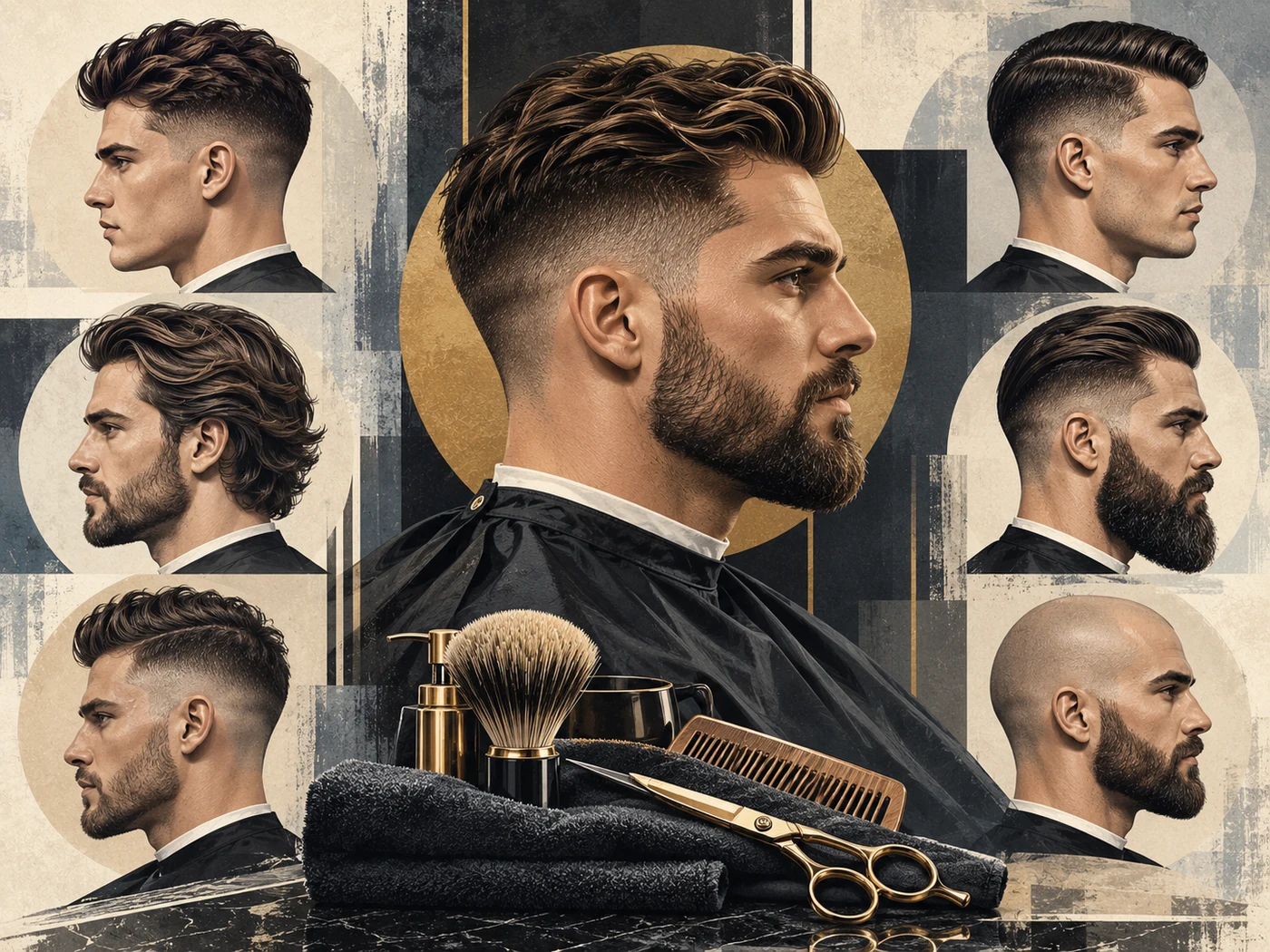 Editorial illustration showing varied professional haircut and facial-hair profiles