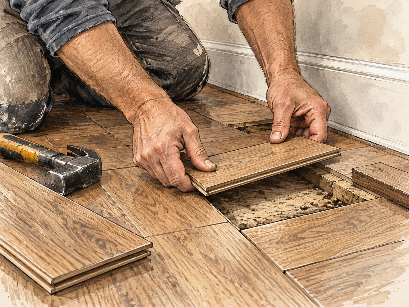 Illustrated close-up of a localized flooring repair with a replacement plank