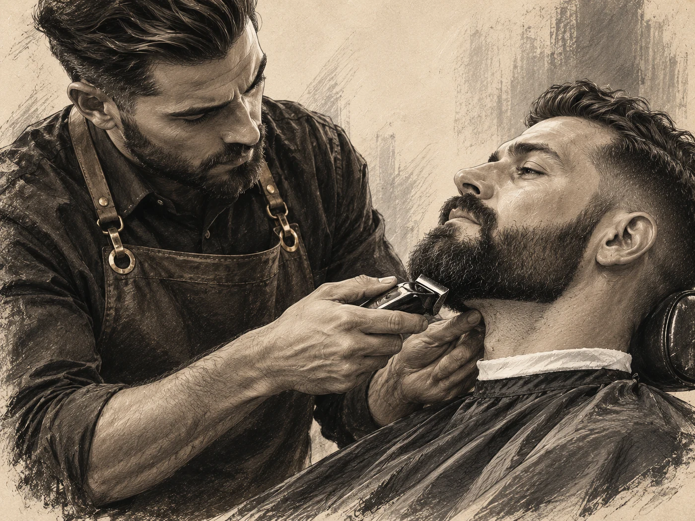 Charcoal illustration of a barber carefully grooming an adult client’s beard