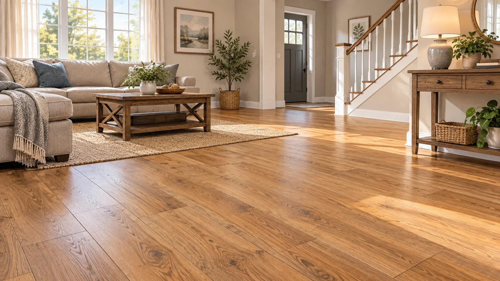 Finished residential room with warm wood flooring as the visual focus