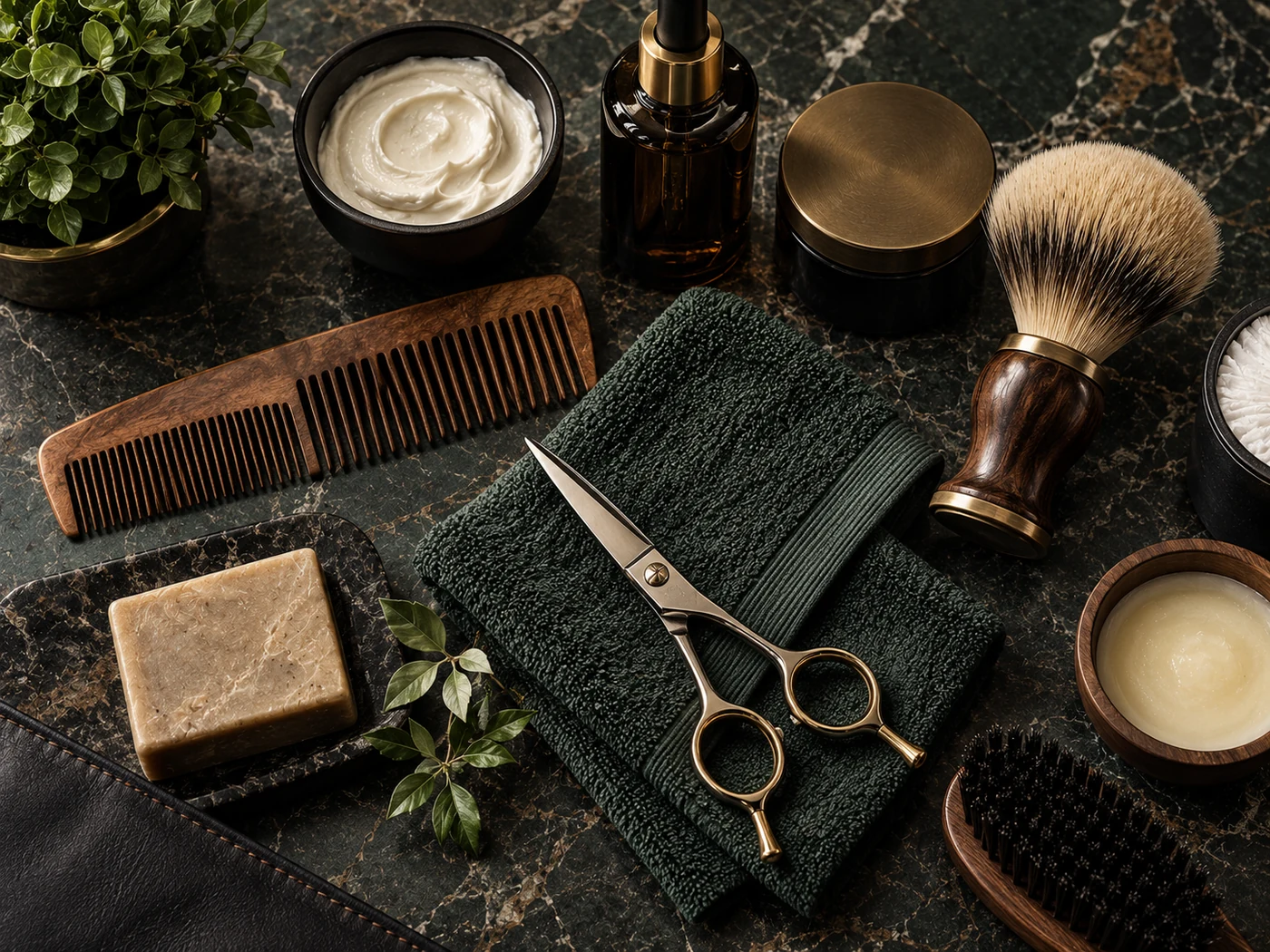Premium barber grooming tools and products arranged in an overhead still life