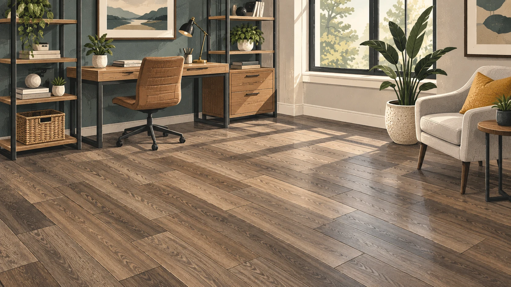 Illustrated home office with laminate flooring