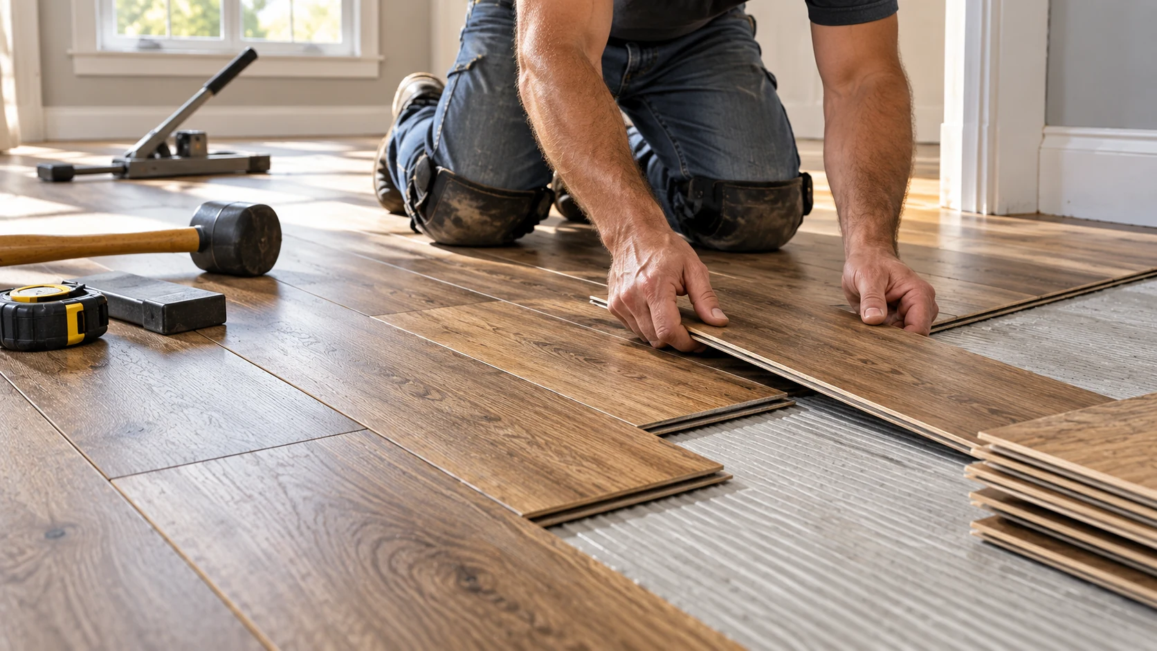 Flooring installer aligning planks during installation
