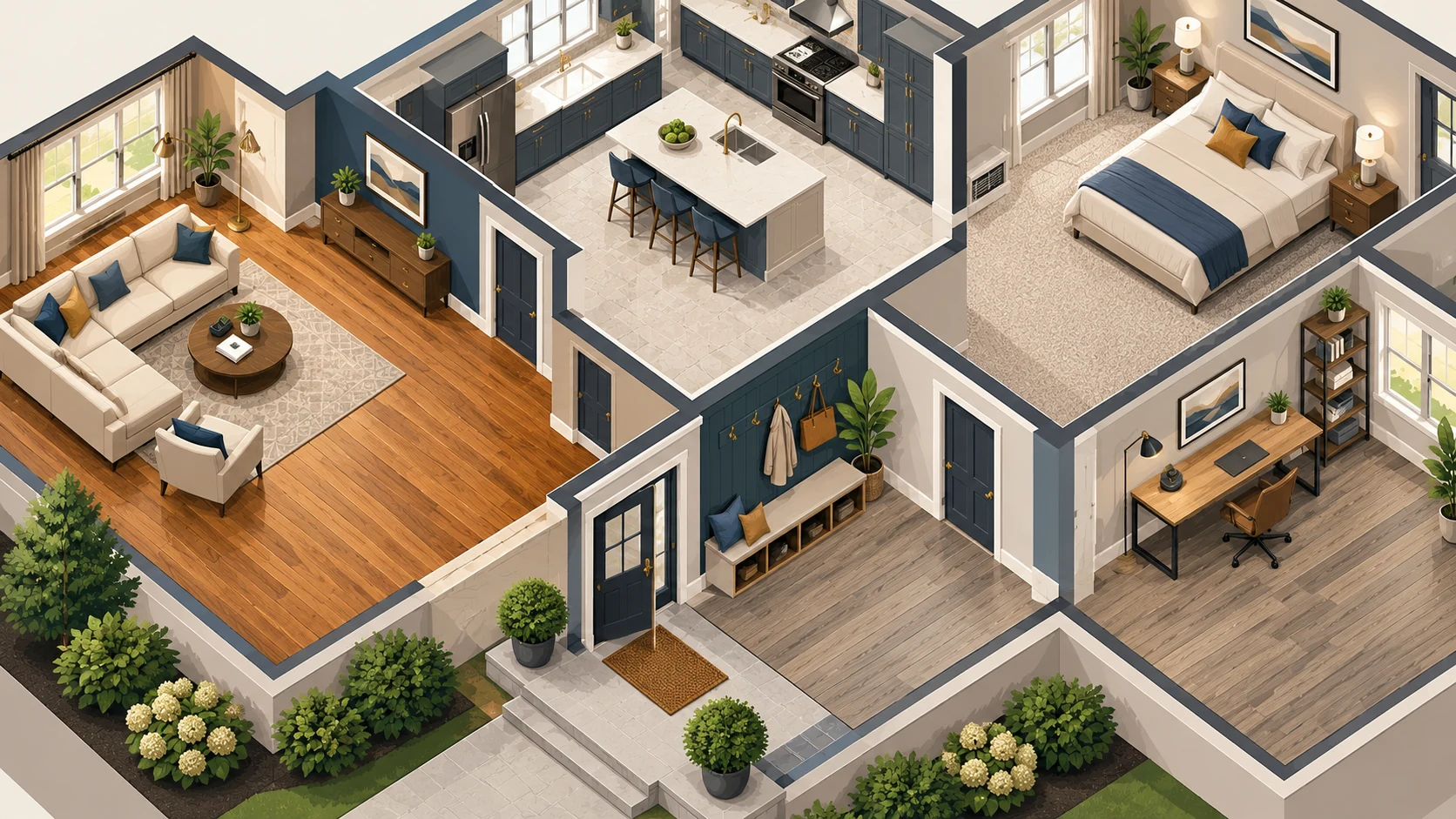 Isometric home showing different flooring types by room