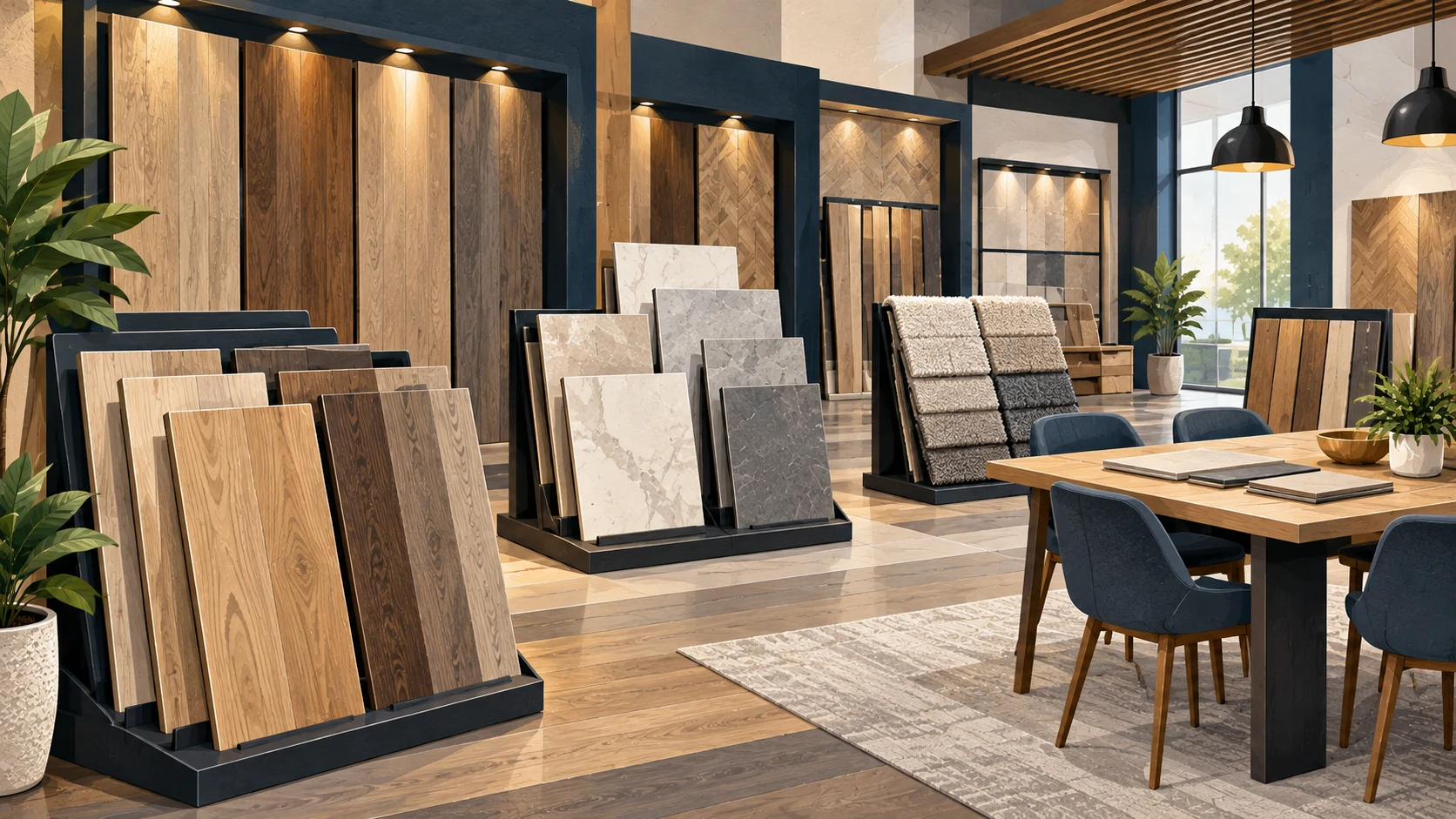 Illustrated flooring showroom with organized material displays