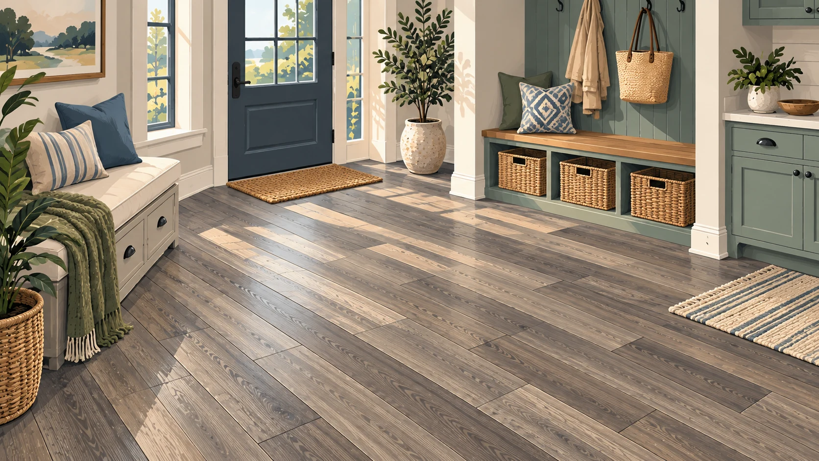 Illustrated mudroom with luxury vinyl plank flooring