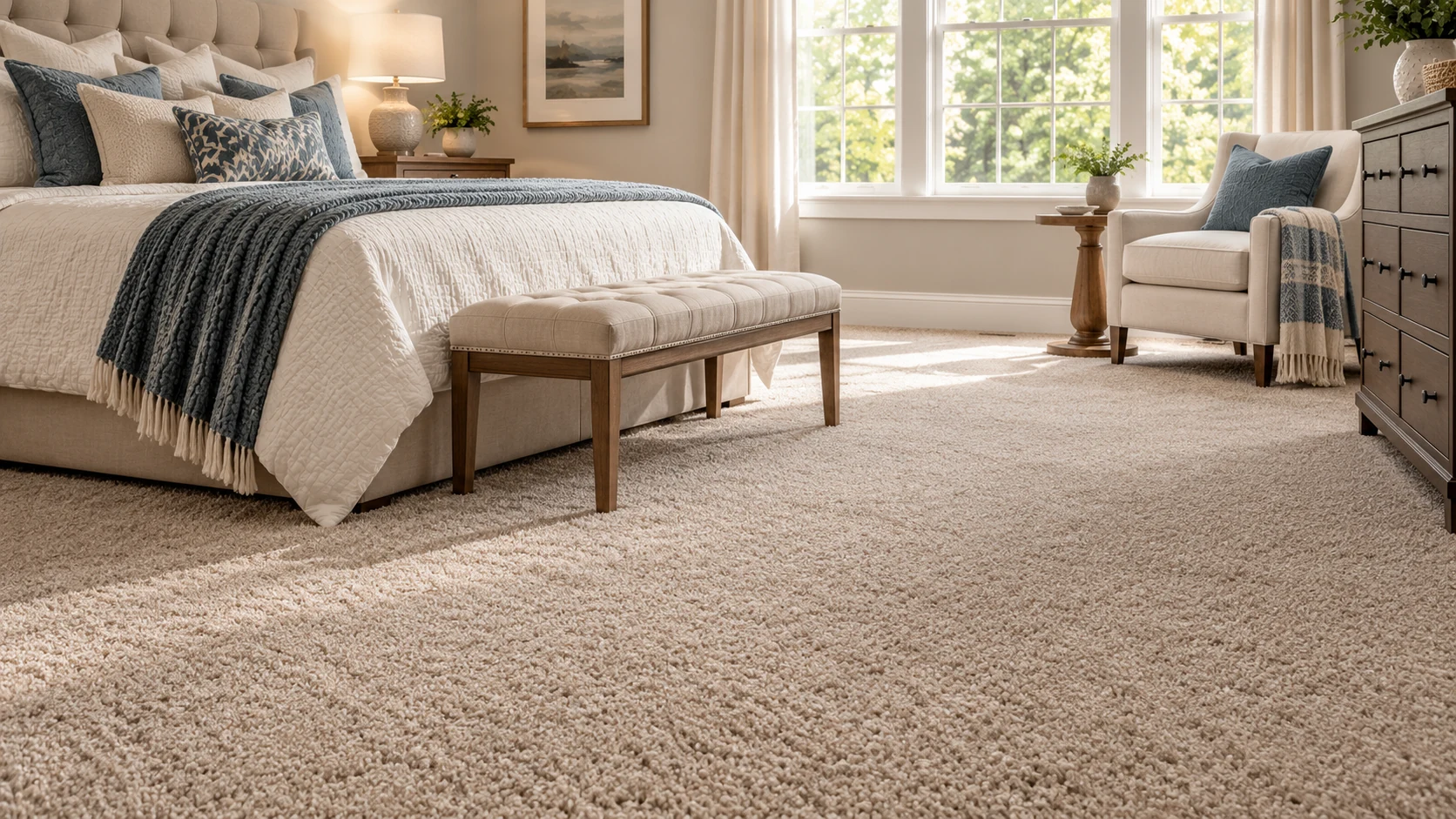 Comfortable bedroom with soft carpet flooring
