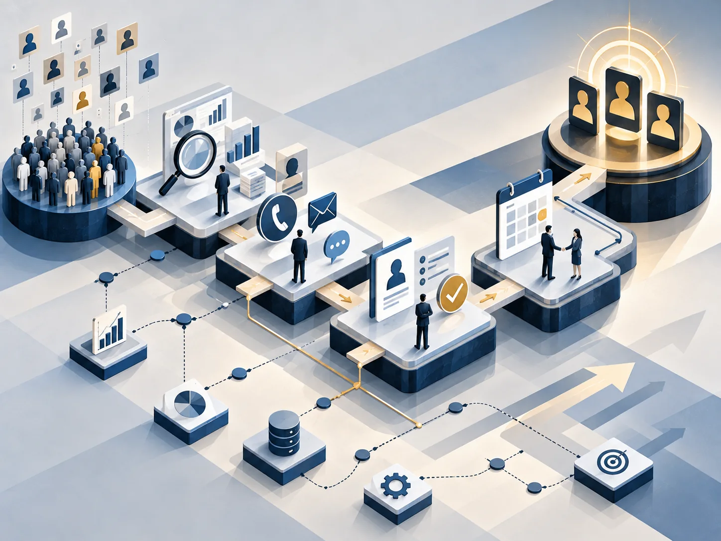 Isometric business strategy showing coordinated sales-development stages