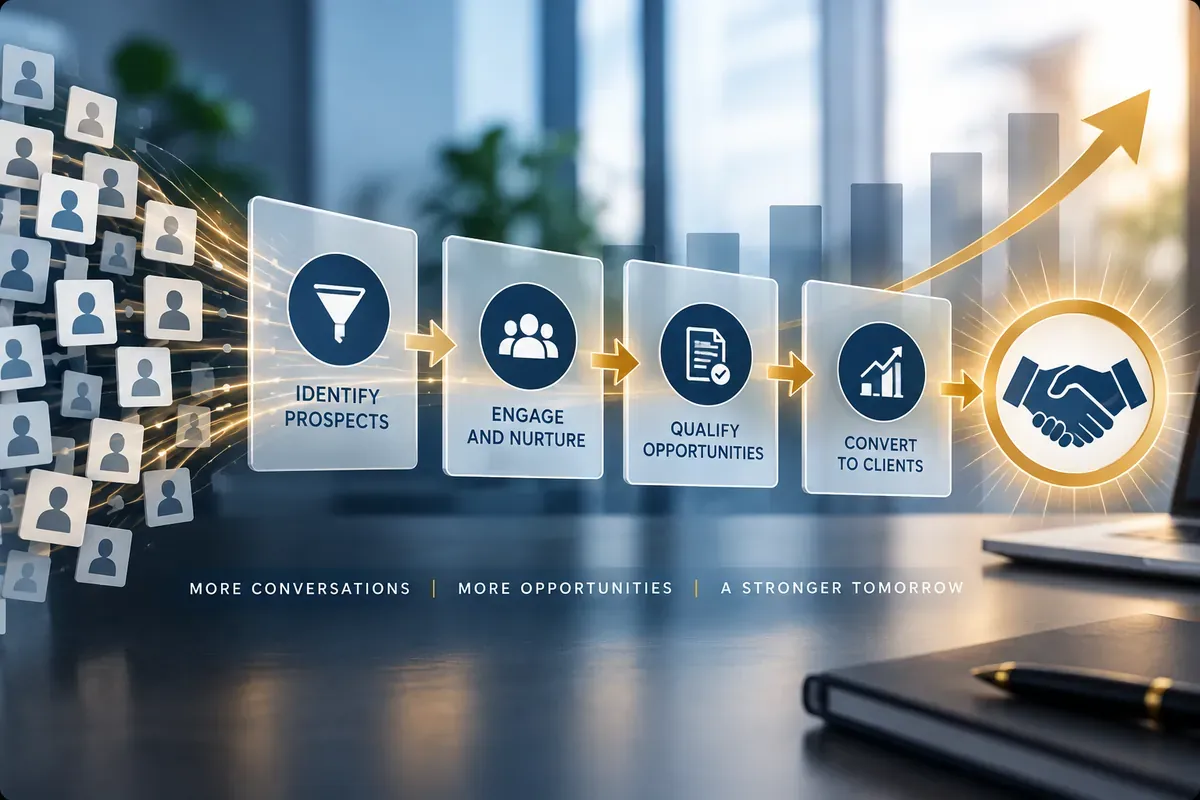 Conceptual business-development pipeline progressing from prospects to opportunities