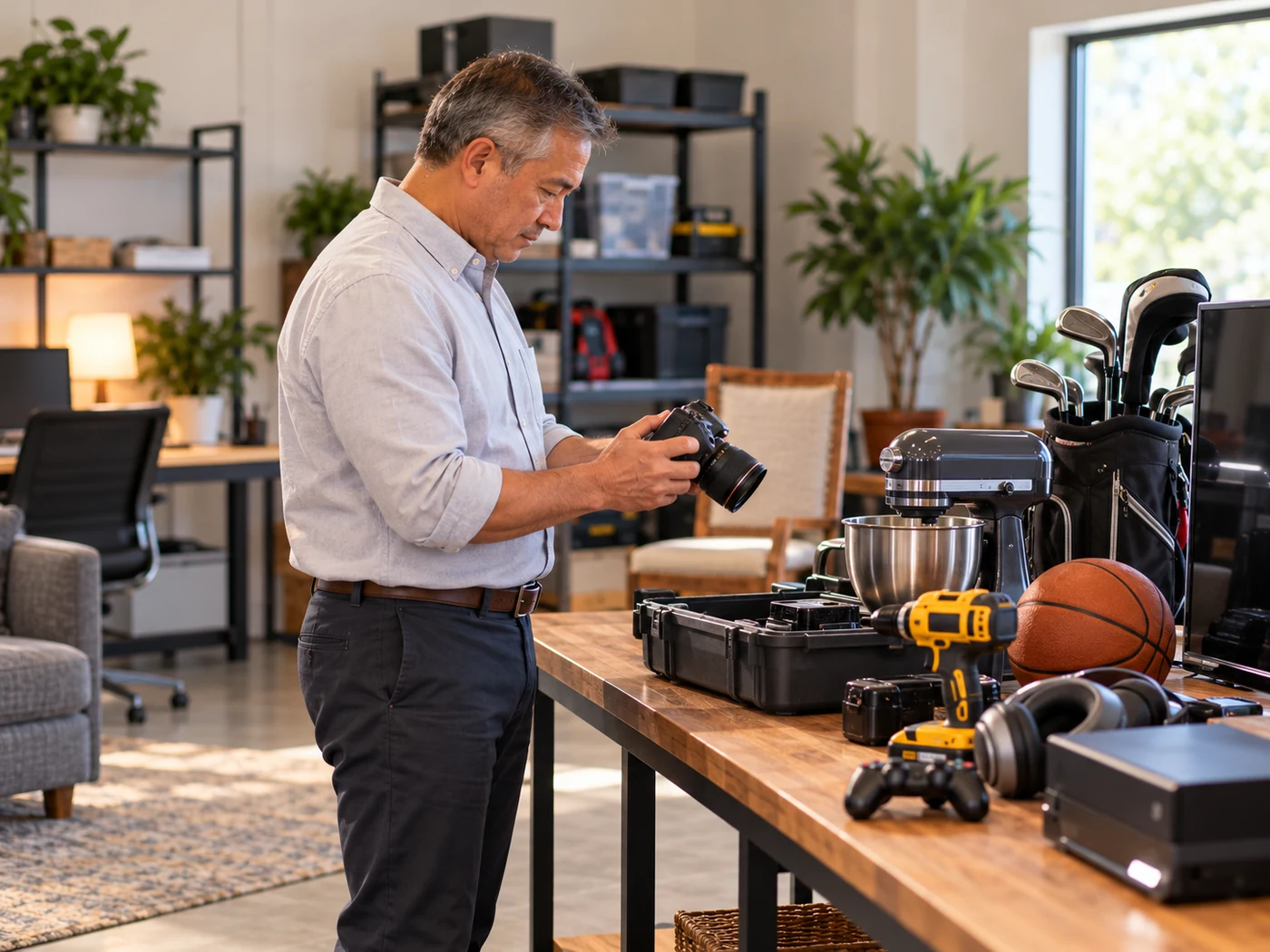 Generic male auction professional reviewing merchandise in a small-business auction workspace