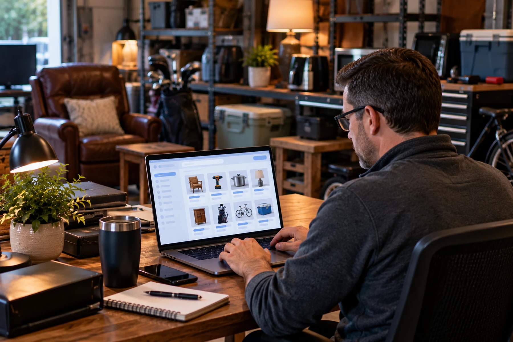 Male auction professional managing an online auction from a professional workspace