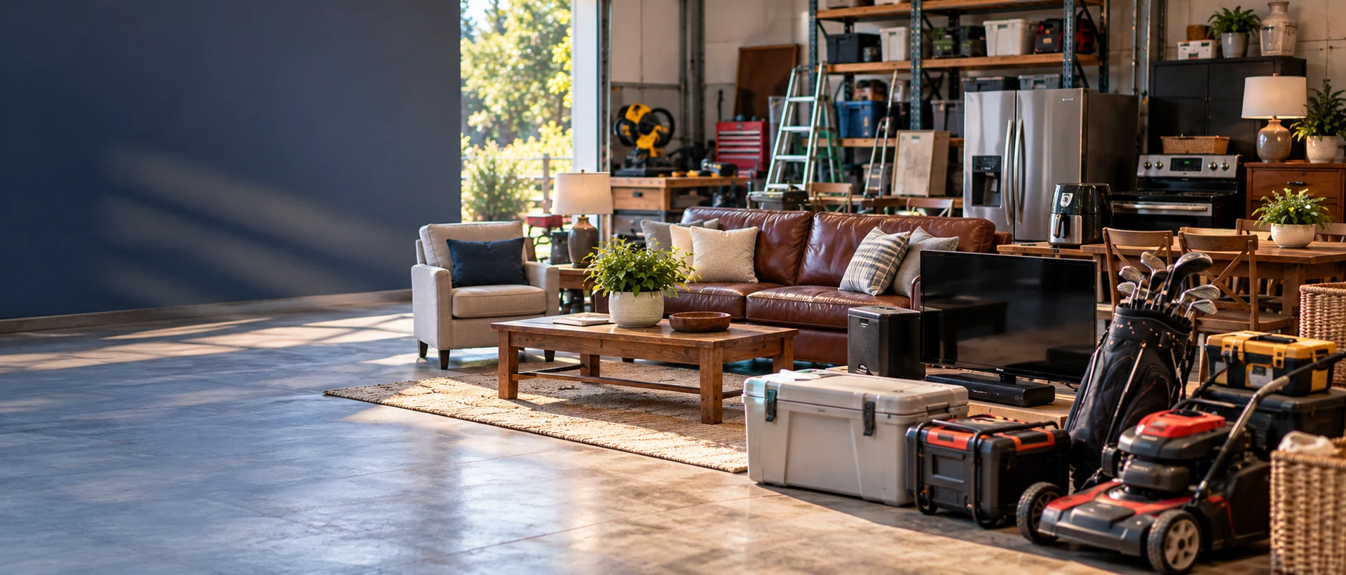 Broad assortment of legitimate auctionable merchandise arranged in a professional staging environment