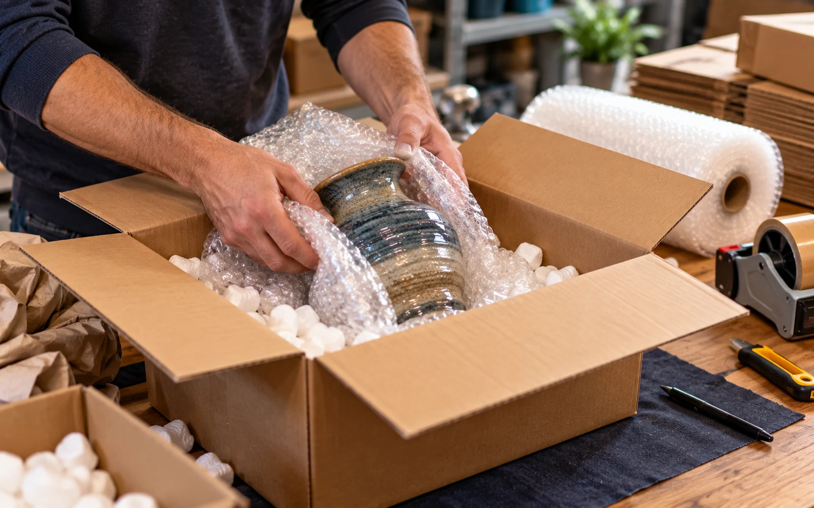 Careful packing and shipping of an auction purchase in a clean professional workspace