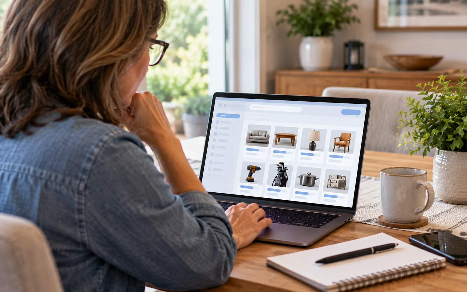 Buyer reviewing an online auction on a laptop with no readable interface text or fabricated branding