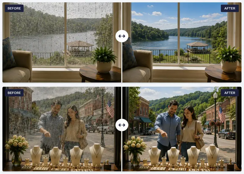 Residential and commercial window cleaning before and after comparisons