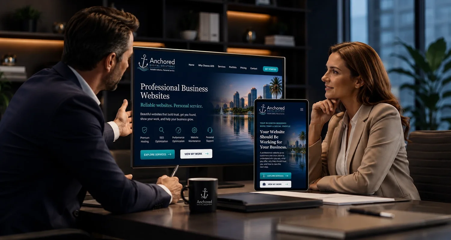 Business owner discussing a professional website with Anchored Digital Solutions