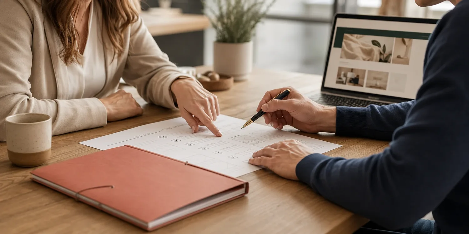 A business owner and website designer reviewing an organized project plan together
