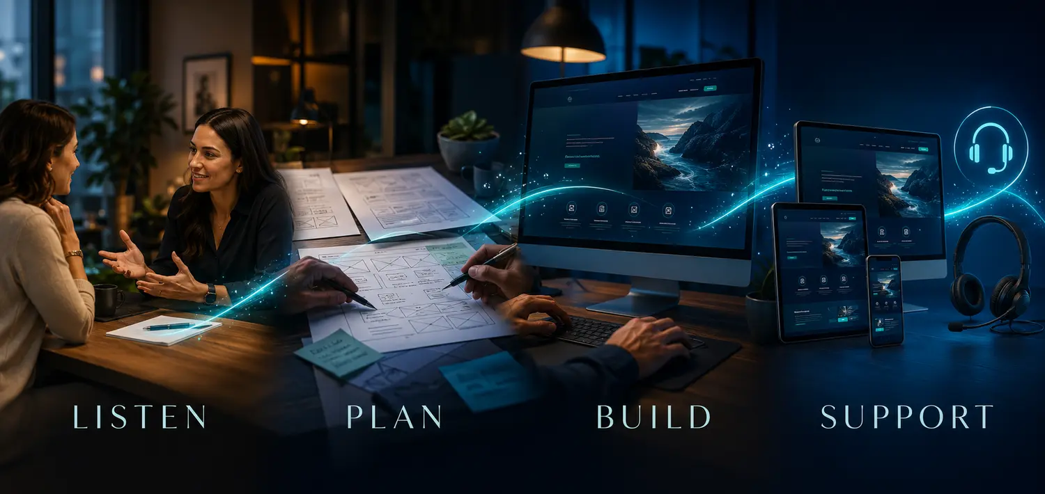 The Anchored Digital Solutions process from listening and planning through website building and ongoing support