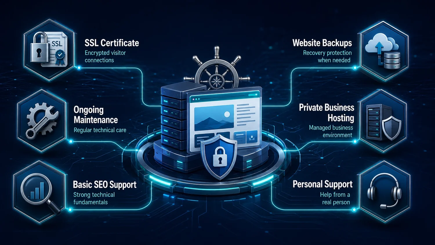 Complete website care from Anchored Digital Solutions, including SSL, backups, maintenance, private hosting, basic SEO support, and personal support
