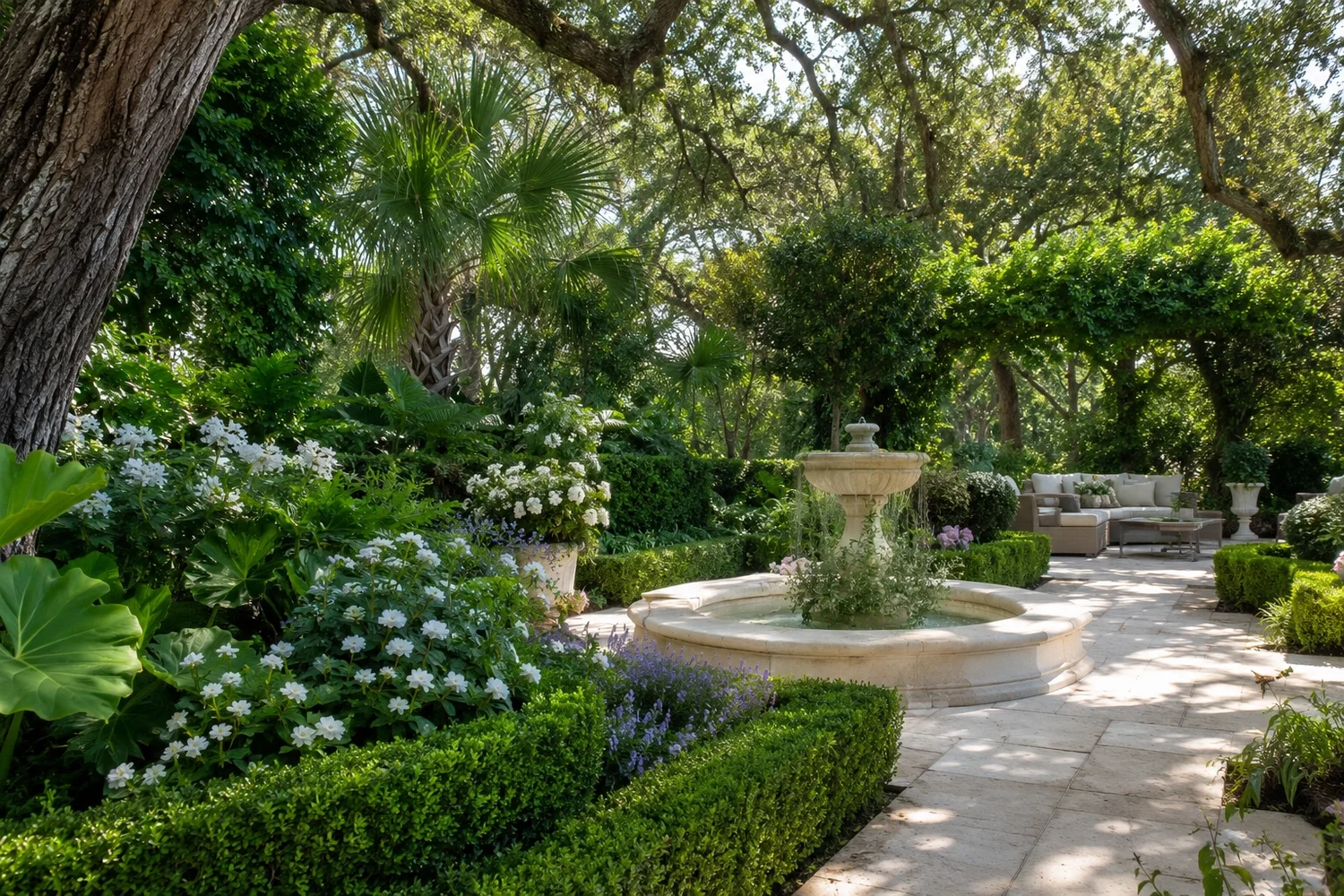 Luxury landscaped fountain courtyard