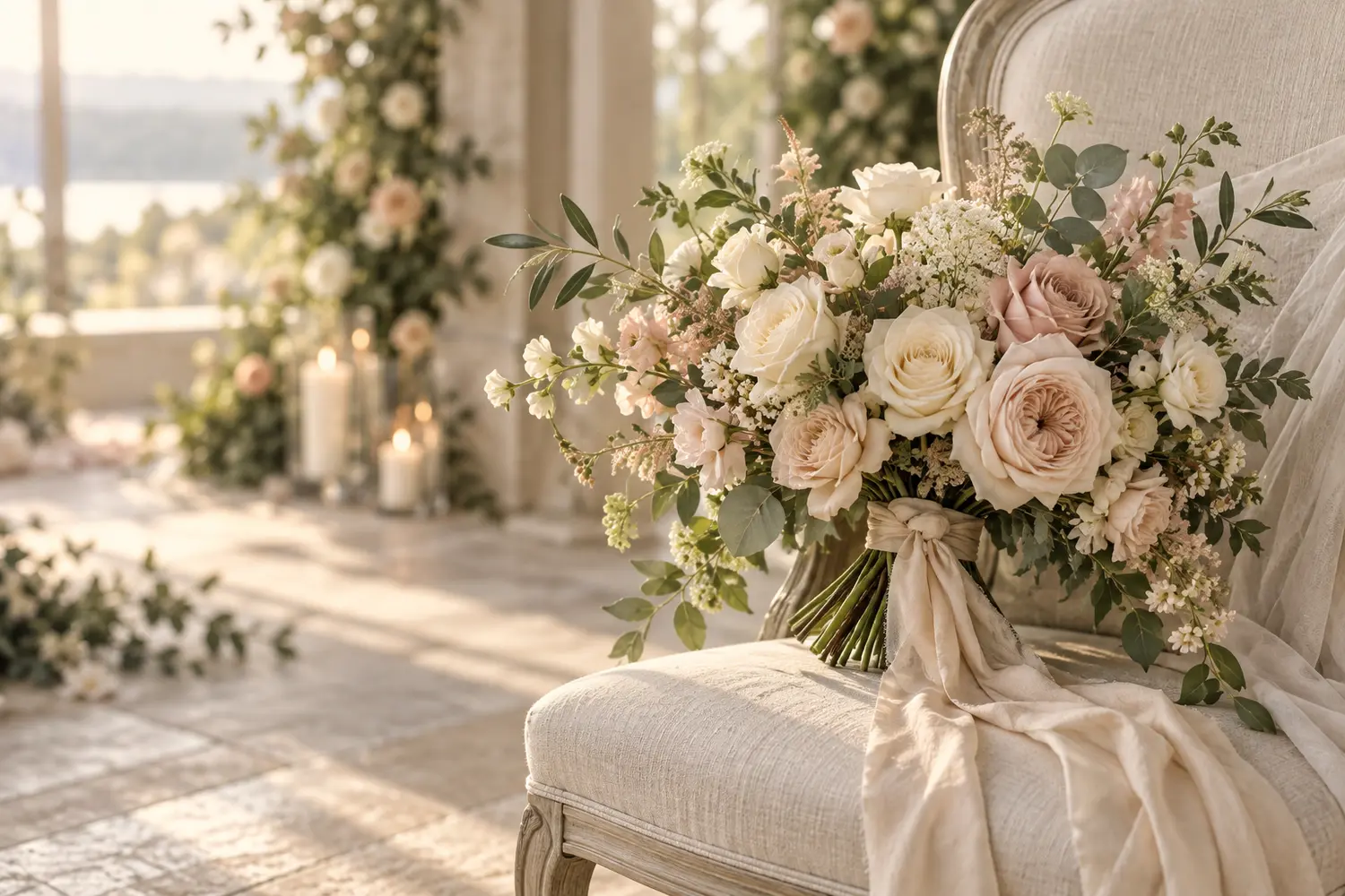 Soft garden-inspired bridal bouquet with layered romantic flowers