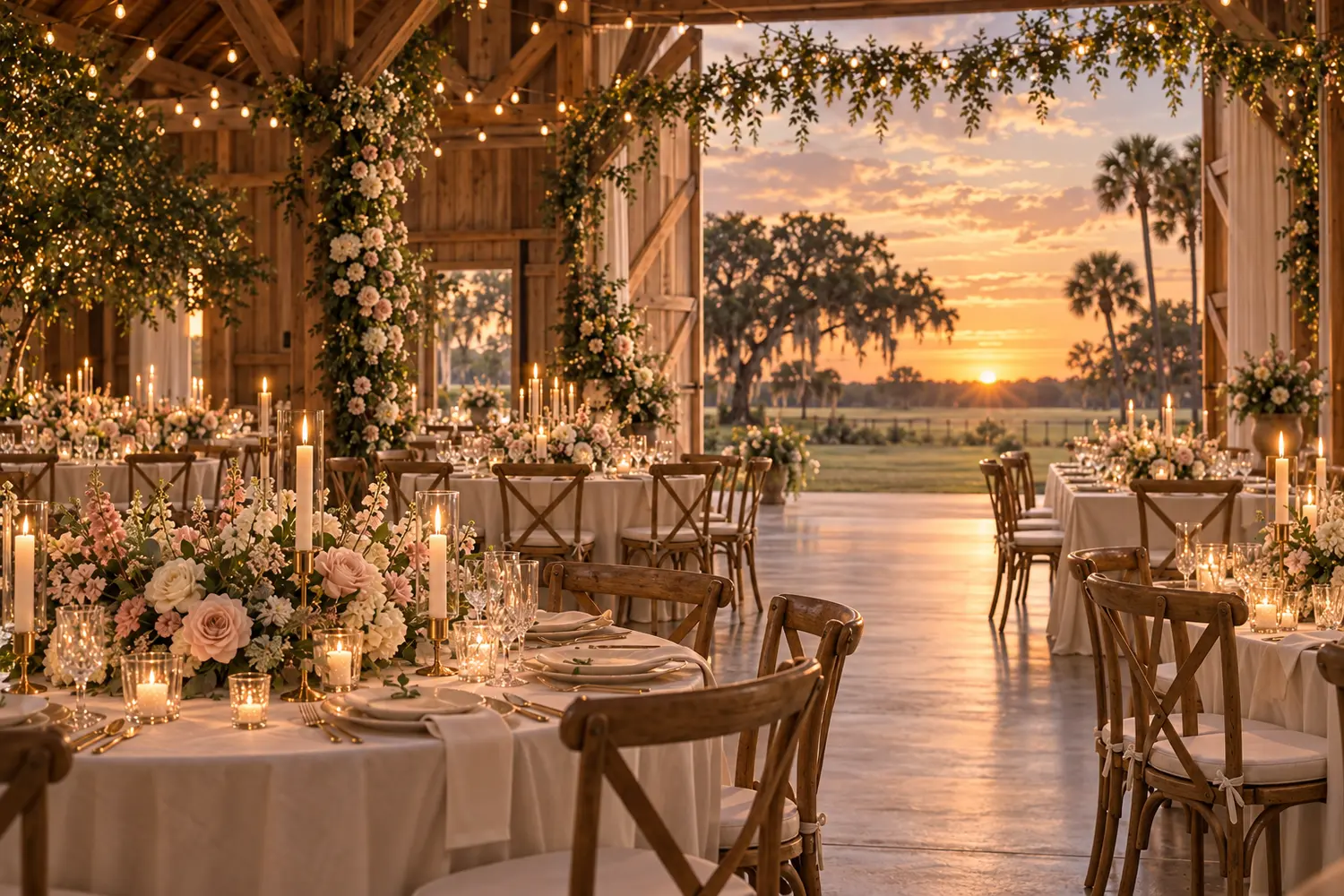 Romantic Brevard County barn wedding reception with garden florals