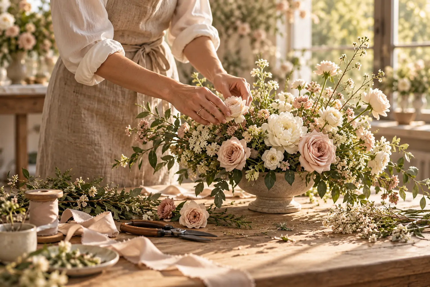 Floral designer carefully creating a romantic wedding arrangement by hand
