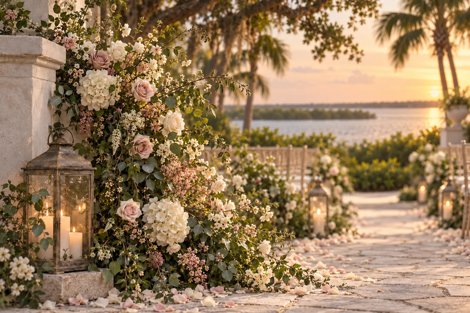 Waterfront wedding ceremony aisle with romantic garden florals, lanterns, and sunset light