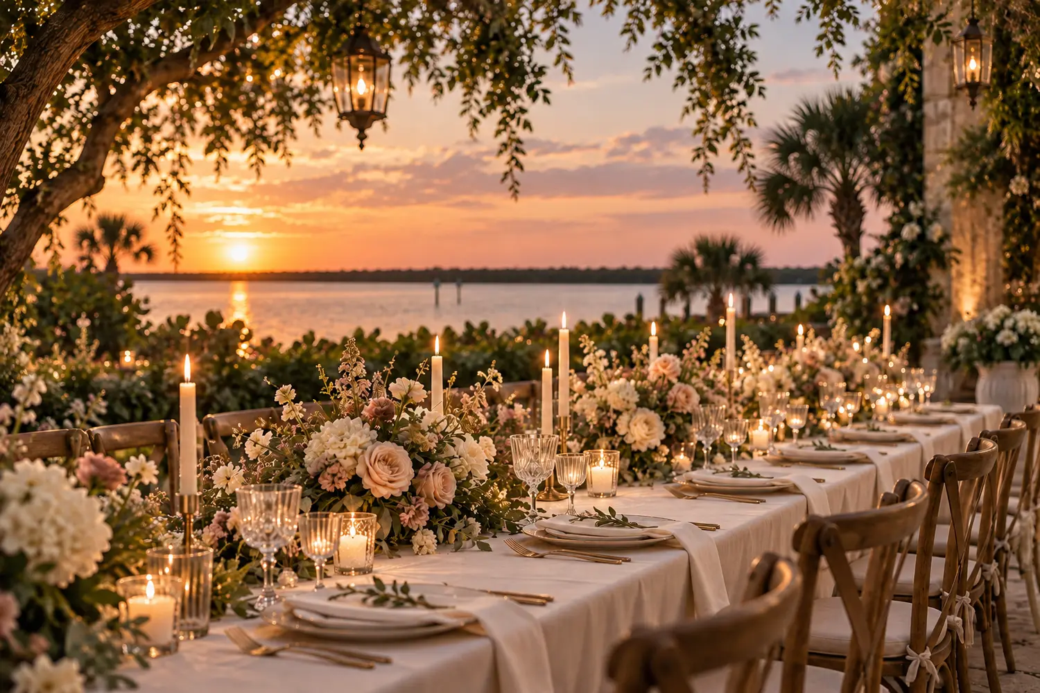 Elegant waterfront wedding reception with romantic floral tablescapes